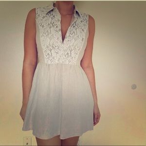 Linen and Lace Fit and Flare Natural Tone Dress